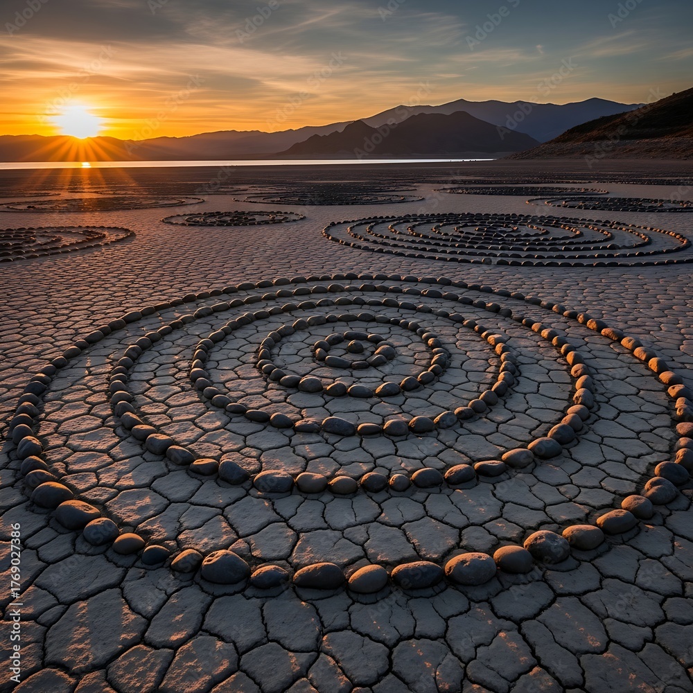 Fototapeta premium Stone circles on cracked earth at sunset create a mesmerizing landscape