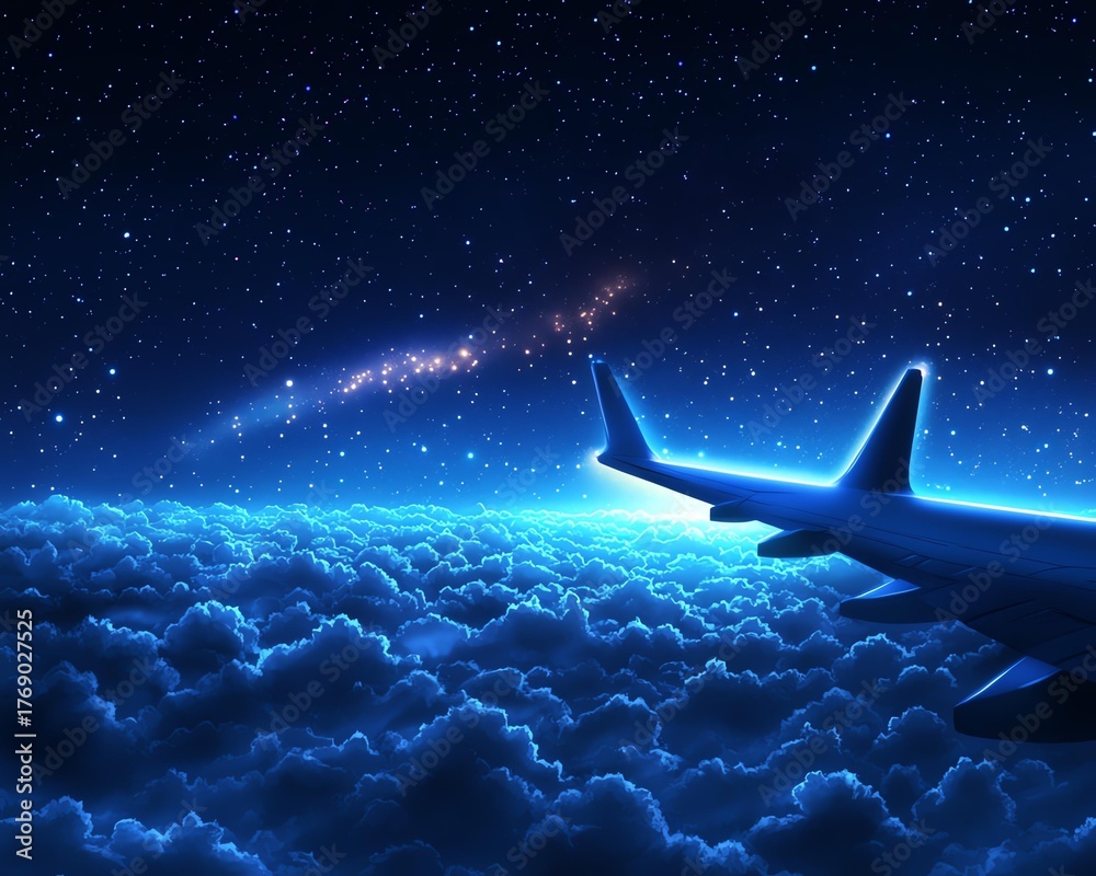 Fototapeta premium A breathtaking view from an airplane flying above the clouds, illuminated by starlight, creating a serene atmosphere.