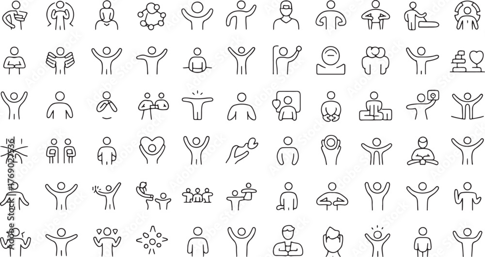 Fototapeta premium Collection of simple line art human icons in various poses
