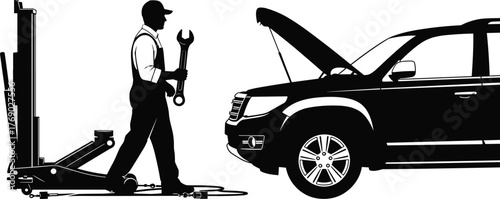 Mechanic silhouette working on SUV, car repair service, auto maintenance, garage tools, wrench, hydraulic lift, black and white vector