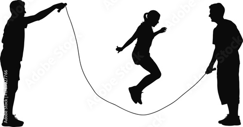 Silhouette children playing jump rope outdoors, group activity exercise, teamwork coordination, childhood fun, fitness training, active lifestyle, playground sports illustration