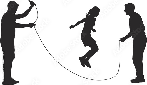 Silhouette children playing jump rope outdoors, teamwork activity, fitness exercise, fun childhood game, group coordination, healthy lifestyle, outdoor recreation, balance, rhythm