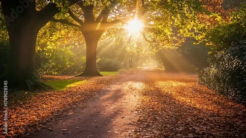 Sunlight streams through autumn trees onto a leaf-covered path.