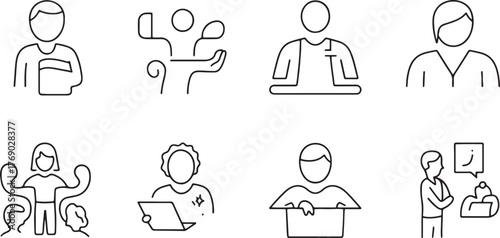 Set of eight simple line art icons depicting people and actions