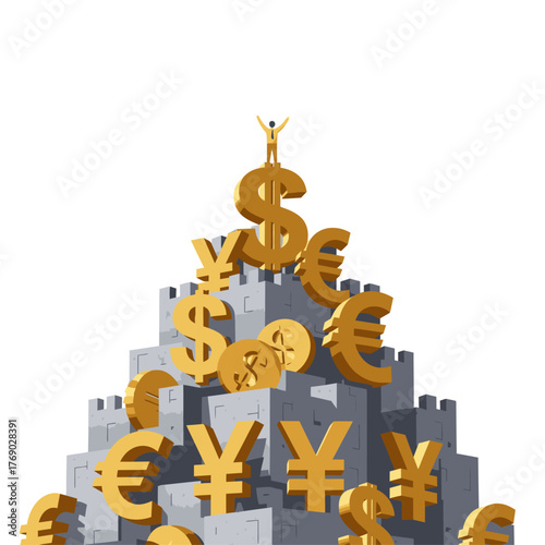 A person celebrates immense financial success, standing on a fortress built from global currency symbols and gold coins, representing wealth and prosperity.