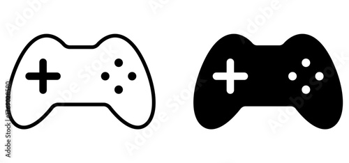 two vector type game controllers in black and stroke.  one solid black and one outlined. Minimal design for gaming, esports, and tech themes. isolated on white background. game, icons.