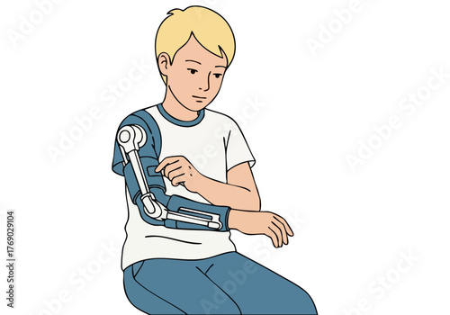 A young boy adjusts an advanced robotic arm exoskeleton. The illustration showcases a modern assistive device, highlighting design and functionality. Clean lines and a simple style.