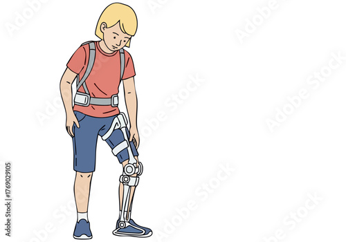 boy adjusts an exo-skeleton leg brace The illustration showcases a modern robotic prosthetic with a focus on detail and a slightly concerned expression Clean lines and a minimalist style