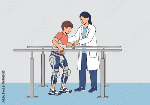 A young boy receives physical therapy with an assistive exoskeleton, supported by a healthcare professional. Focus on rehabilitation and support. Clean, modern setting.