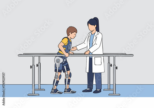 A young boy receives physical therapy with an exoskeleton, supported by a healthcare professional. The scene showcases rehabilitation and assistive technology. Clean, modern illustration.