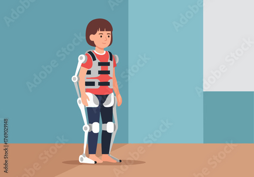 A young child wears a supportive exoskeleton, standing in a simple room. Illustration style, showcasing rehabilitation and assistive technology. Clean, modern aesthetic.