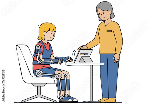 A caring woman assists a child using robotic limbs with a tablet. A supportive and modern scene showcasing assistive technology and family care. Soft colors and a clear composition.