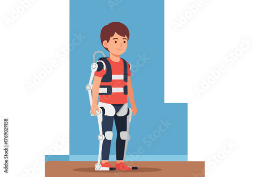 A young boy wears a robotic exoskeleton, standing in a studio setting. The image showcases innovative technology and a child's interaction with assistive devices. Clean, modern illustration.