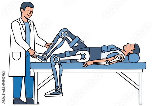 A doctor assists a patient with robotic legs on a therapy table. Modern illustration style, showcasing rehabilitation technology. Clean, professional design.