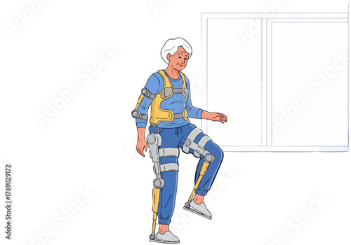 An elderly woman confidently uses a smart exoskeleton for mobility, bathed in warm light.  ?Smart Home Glow? showcases assistive technology and independent living.  Bright, modern illustration.