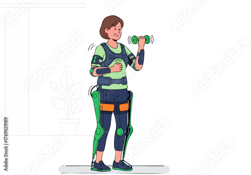 An elderly woman exercises with a robotic exoskeleton in her home. She?s smiling and actively engaged, showcasing a ?Smart Home Life? concept. Modern, bright, and optimistic.