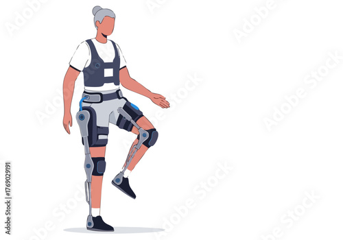 An elderly woman demonstrates a robotic leg brace, showcasing a 'Daily Step Flow' movement. Clean, modern illustration style. Focus on assistive technology and mobility.