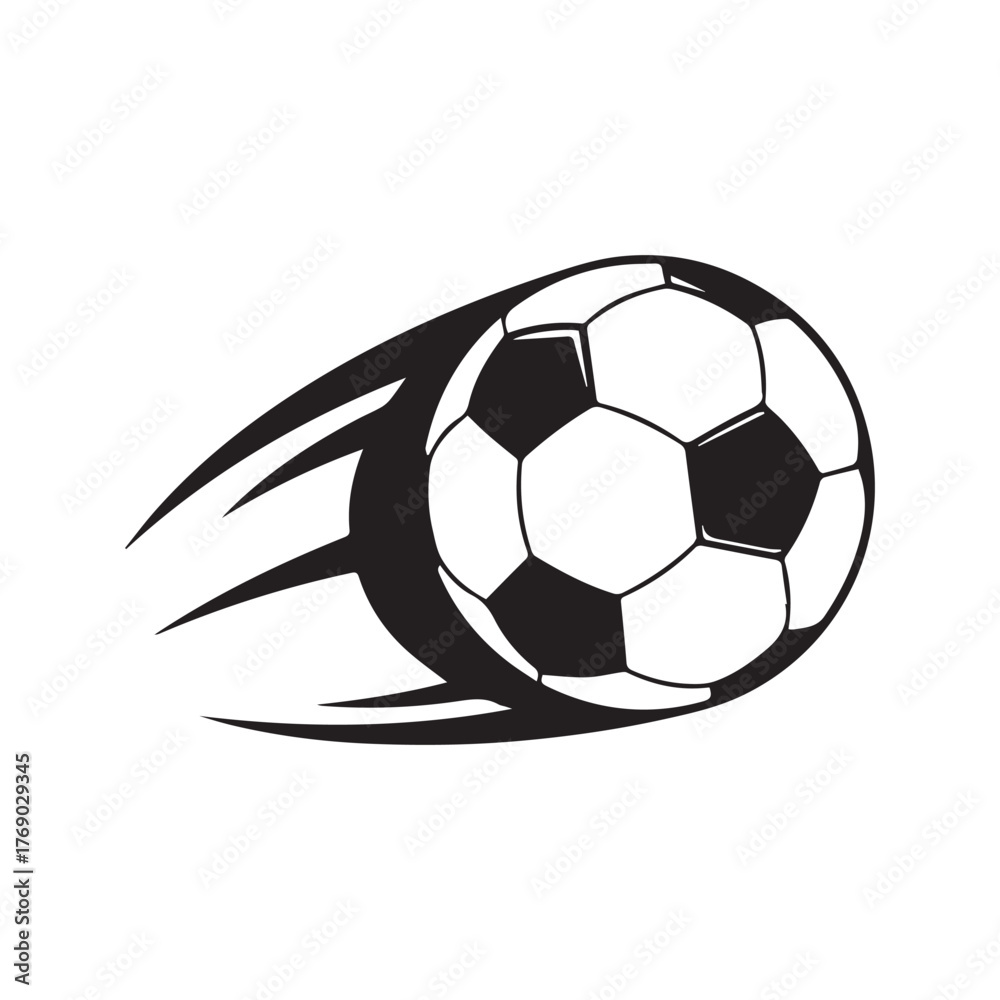 Obraz premium Soccer ball in motion, a flying football with a speed trail effect. Simple black and white vector illustration for a sports game or competition, isolated on a white background. 