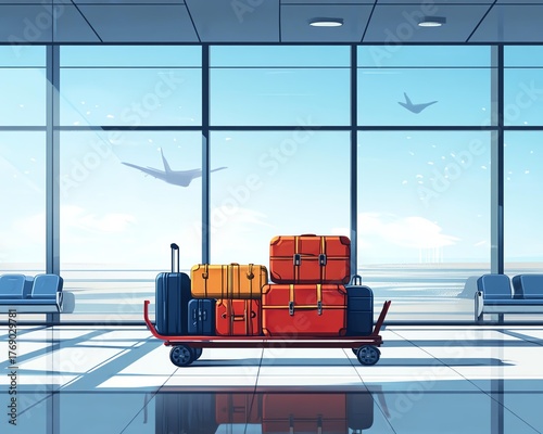 A colorful trolley loaded with luggage in a spacious airport terminal under bright skies.