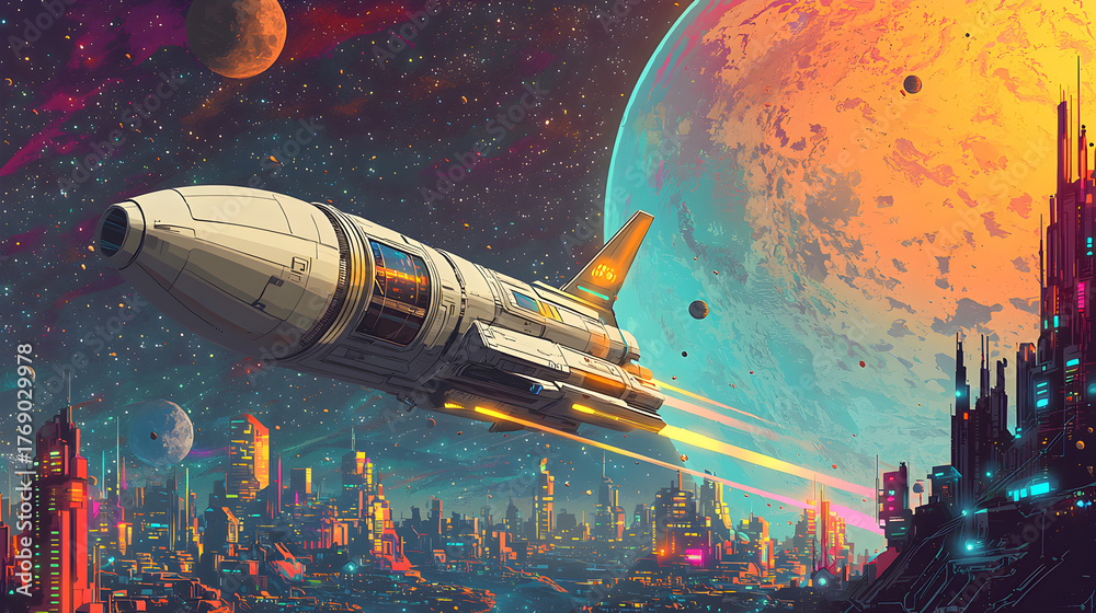Fototapeta premium Clean pastel flat illustration of a starship flying through outer space, futuristic interstellar journey concept in soft modern animation