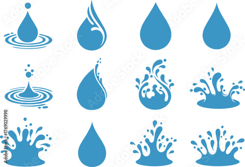 Water droplet and splash vector illustration set, twelve stylized icons in grid layout, white background for fluid, hygiene, and design concepts