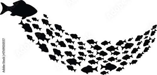 Fish silhouette vector illustration, large fish formed by smaller swimming fish, white background for unity, marine, and collective behavior design concepts