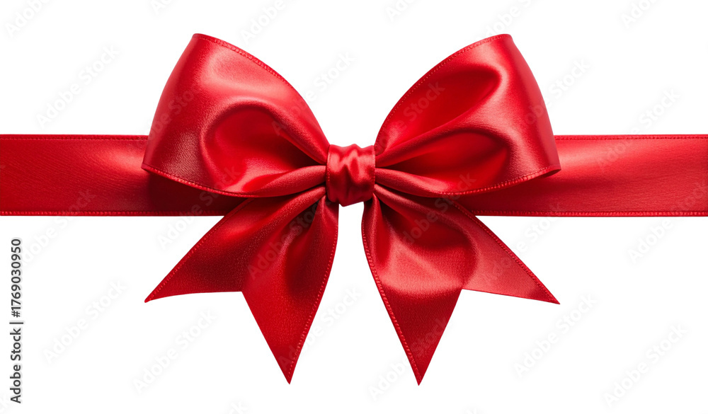 Fototapeta premium A vibrant red satin ribbon bow with a horizontal ribbon, Red satin gift bow for Christmas and valentines