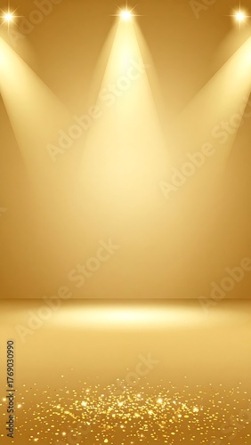 Golden studio background with three spotlights and glitters at the bottom
