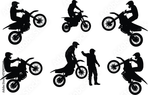 Dirt bike rider silhouette vector illustration, six stunt poses and interaction scene, white background for sport, motion, and motocross design concepts