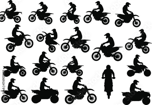Motorcycle rider silhouette vector illustration, twenty dynamic poses in grid layout, white background for sport, motion, and biking design concepts