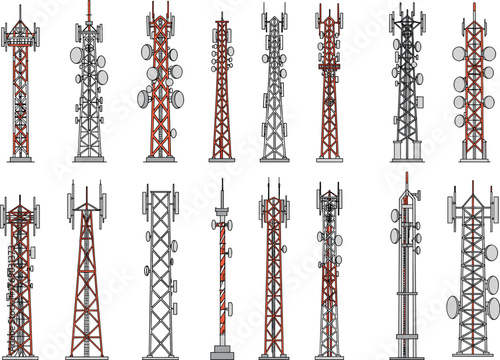 Telecommunication tower vector illustration, sixteen antenna and dish configurations in silhouette style, white background for signal, broadcast, and network design