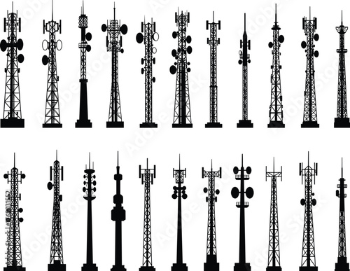 Communication tower silhouette vector illustration, twenty-four antenna and dish structures in grid layout, white background for telecom, signal, and broadcast design