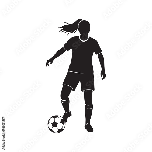 Female soccer player silhouette dribbling a ball. Woman athlete in action during a football game. Dynamic vector illustration isolated on a white background.
