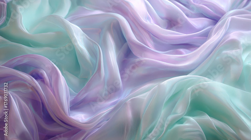 Abstract flowing silk fabric in shades of blue and purple, creating a dreamy and ethereal effect. The folds and curves of the fabric create a sense of movement and softness