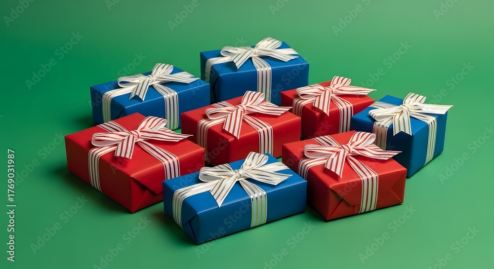 Fototapeta premium Vibrant arrangement of red and blue gift boxes adorned with elegant white ribbons presented on a bright green background