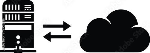 Black server rack icon with arrows pointing to a black cloud icon computing data