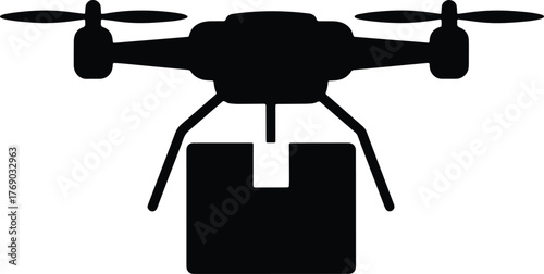 Black silhouette of a drone carrying a cardboard box quadcopter aerial vehicle