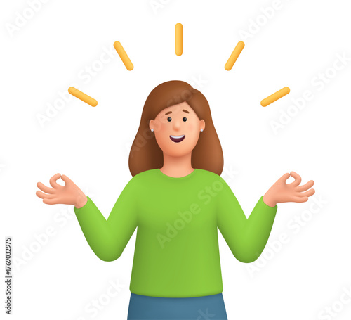 Smiling young woman Kate meditating in relaxed pose. Meditation, peace of mind, positive thinking, relaxation, mental health and inner peace concept. 3d vector people character. Cartoon minimal style.