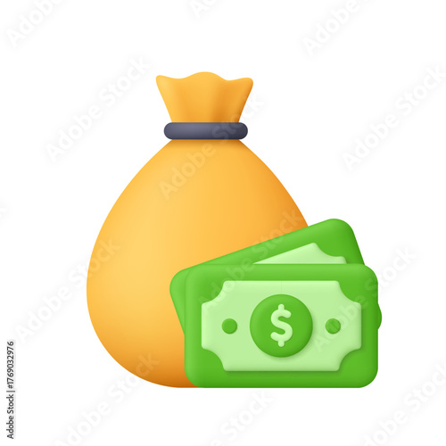 Yellow money bag with green dollar banknotes. Business success, finance, banking, savings, investment, wealth, investment and profit concept. 3d vector icon. Cartoon minimal style.