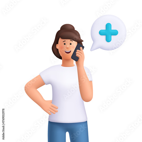 Young smiling woman Jane talking on smartphone with medical cross on speech bubble. Healthcare communication, consultation, calling a doctor concept. 3d vector people character. Cartoon minimal style.