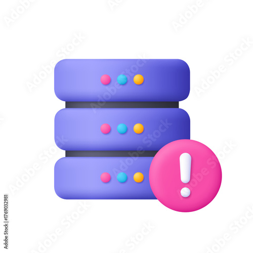 Purple server rack with and exclamation mark warning symbol. Data center, server error, system failure, database issue, IT and cybersecurity concept. 3d vector icon. Cartoon minimal style.