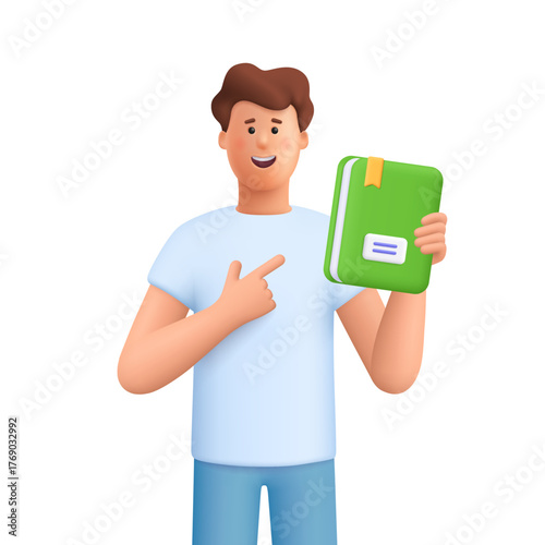 Young smiling man James holding and pointing at book. Study, library, education, back to school, knowledge and reading concept. 3d vector people character. Cartoon minimal style.