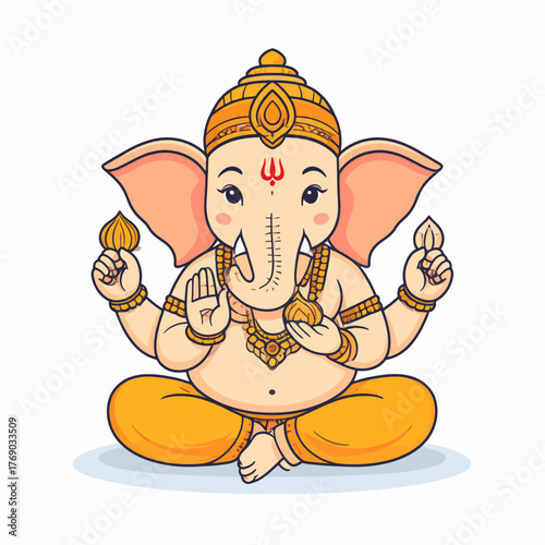 Cute cartoon illustration of the Hindu god Lord Ganesha sitting.