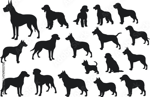 Dog silhouette vector illustration, eighteen canine profiles in mixed poses and breeds, white background for pet, animal, and identification design concepts
