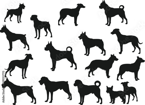 Dog breed silhouette vector illustration, multiple canine profiles in grid layout, white background for pet, animal, and identification design concepts
