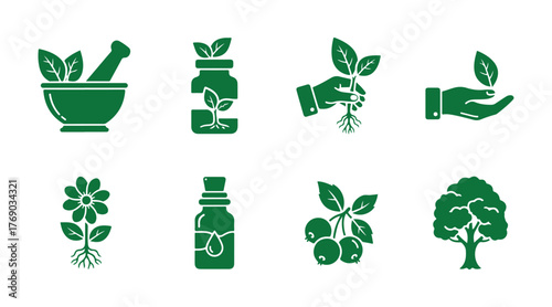 Herbal medicine icons displayed on a white surface. Eco symbols in stencil style. Vector stock illustration.