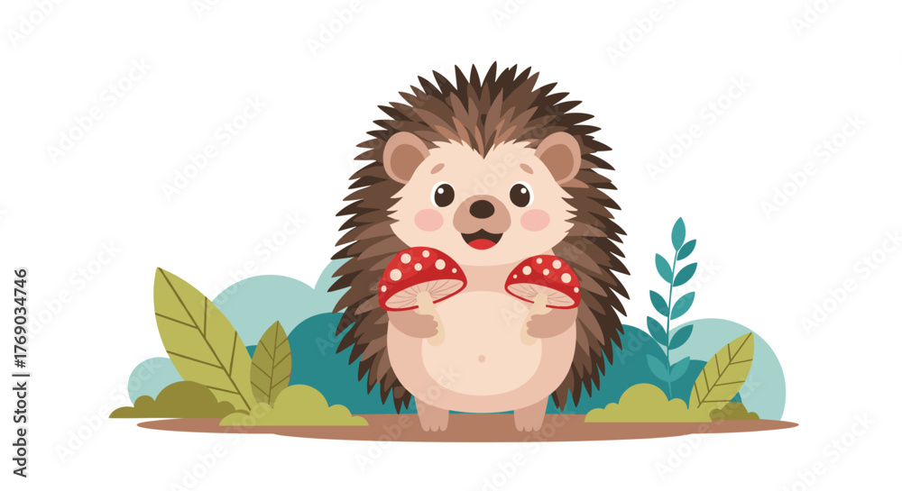 Naklejka premium Cute cartoon hedgehog holding two red mushrooms with white spots in a forest setting.
