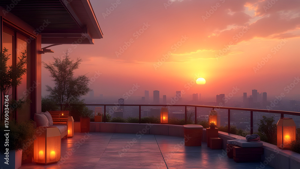 Fototapeta premium Serene urban balcony scene featuring warm lanterns and a stunning sunset view