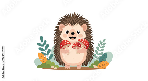 Cute cartoon hedgehog holding red mushrooms in a forest clearing with green leaves.