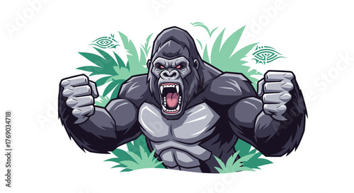 A powerful cartoon gorilla with arms raised in a jungle setting.